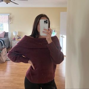 Burgundy sweater; off-shoulder